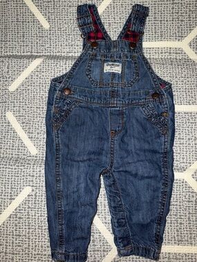 OshKosh B’gosh Denim Overalls Ruffle Pocket Plaid Lined size 6 months